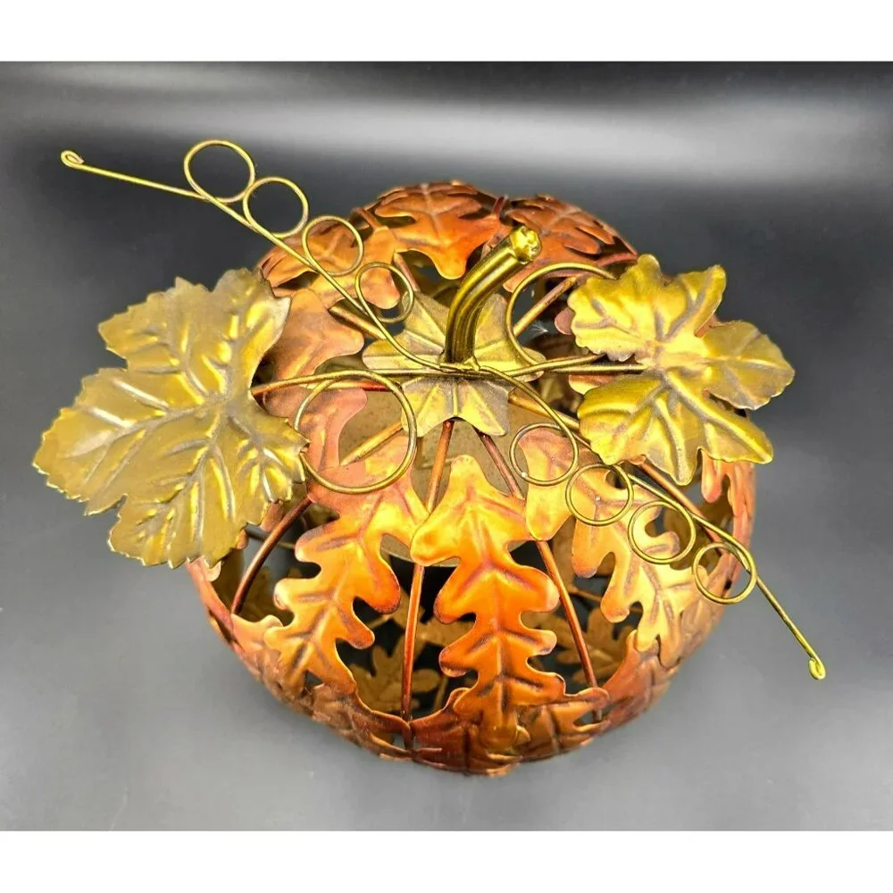 Metal Pumpkin Candle Holder With Leaf Design Autumn Decor Brown & Gold VL1802 - Picture 3 of 6